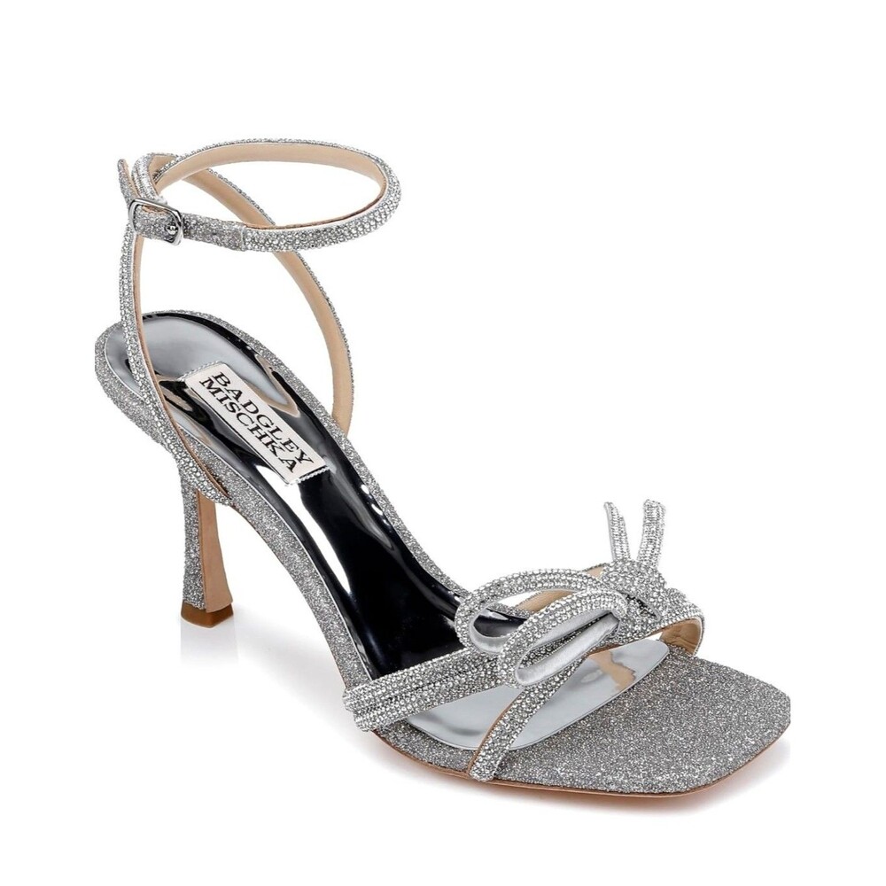 Badgley Mischka Effie Bow Stiletto Heel Sandals Women's Silver Antique Sz 7 NIB